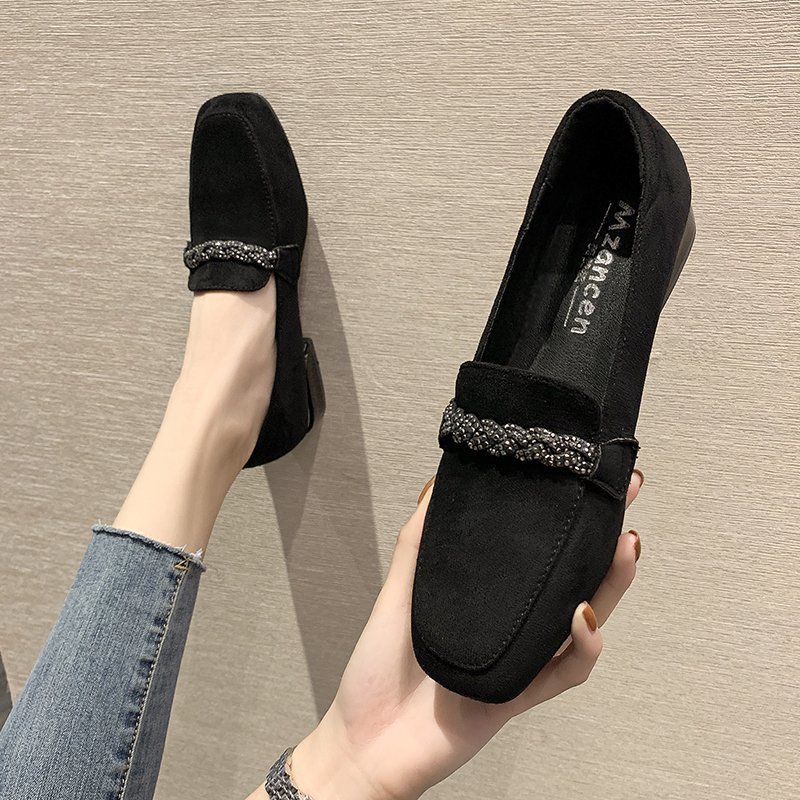 Autumn Winter Women Loafers Low Heels Boat Square Toe Dress Chain Faux Suede Plush Warm Ladies Shoes Plus Size 3691