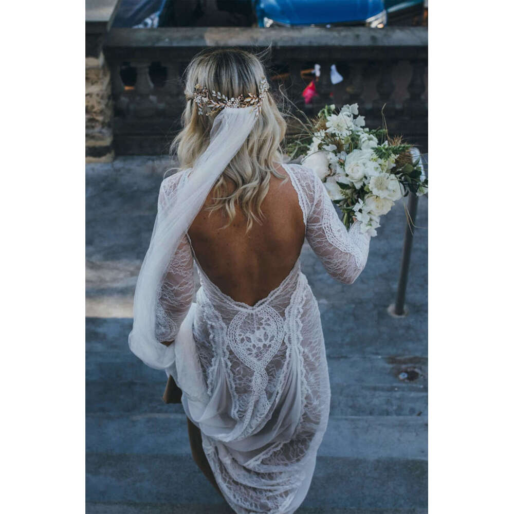 Lace Open Back Wedding Dresses Mermaid Modest Boho High Split Long Sleeve Backless For Bridal Gowns Romantic Vestido De Novia