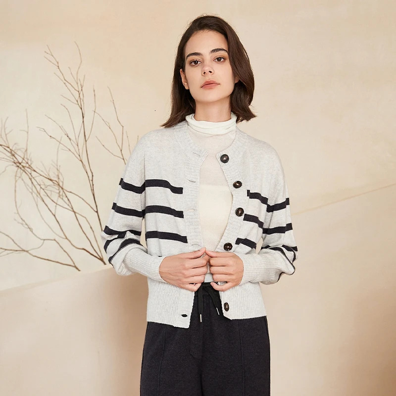 BC-267 Crewneck Single-Breasted Stripe Pure 100% Cashmere Clothes Knit Cardigan For Womens Autumn Sweater 240715