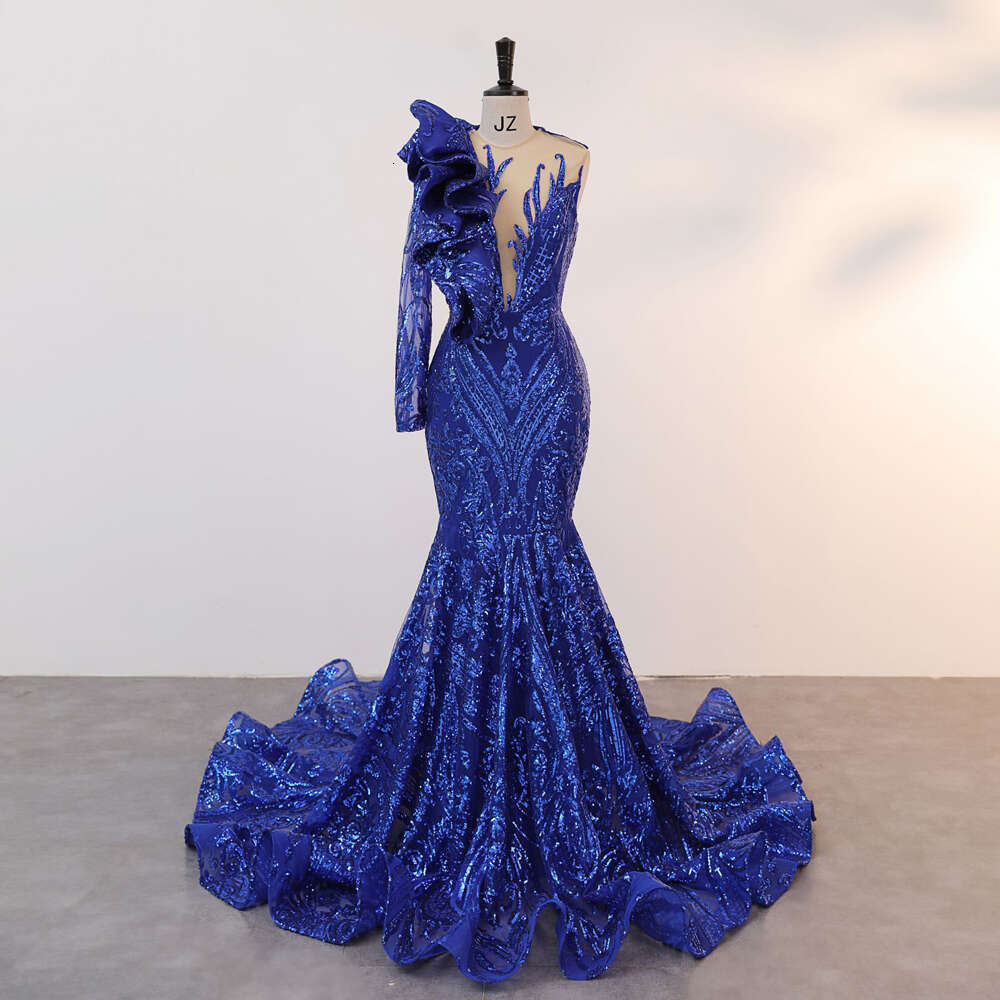 Vintage Royal Blue Lace Evening Dresses Deep V Neck Illusion One Shoulder Applique Ruffles Formal Party Prom Gown Robe De Soiree