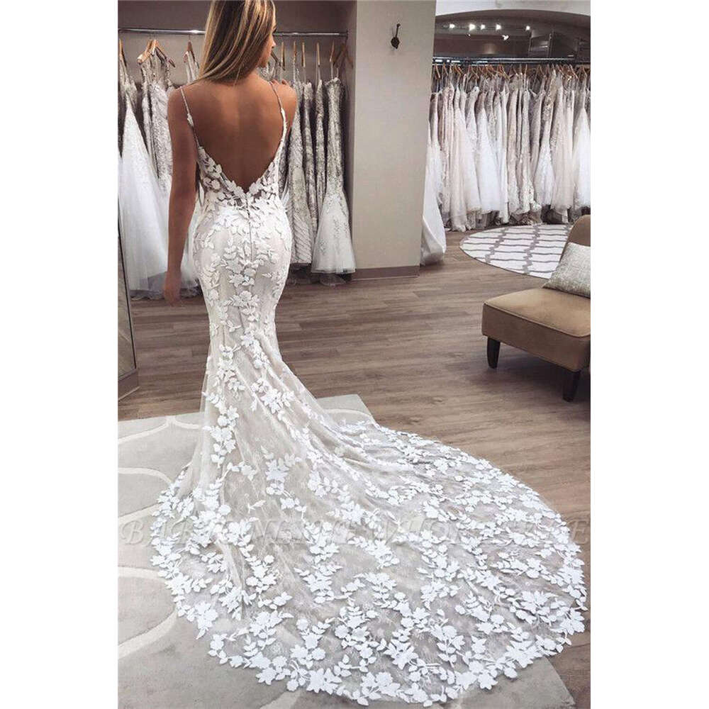 Mermaid Wedding Dresses 3D Floral Appliques Lace Backless Sweep Tulle Train Plus Size Boho Beach Bridal Gowns Robe De Novia