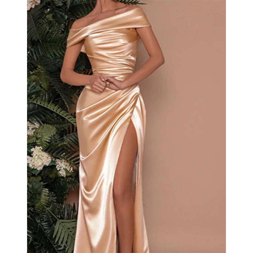 Champagne Satin Evening Dresses Women Off Shoulder Sexy High Split Ruched Bust Waist Pleat Prom Formal Party Gown Robe De Soiree