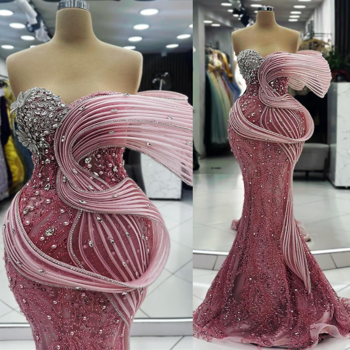 2024 Plus Size Blush Pink Mermaid Prom Dress Fulllace Promdress Crystals Evening Formal Party Second Reception Birthday Engagement Gowns Dresses Robe 