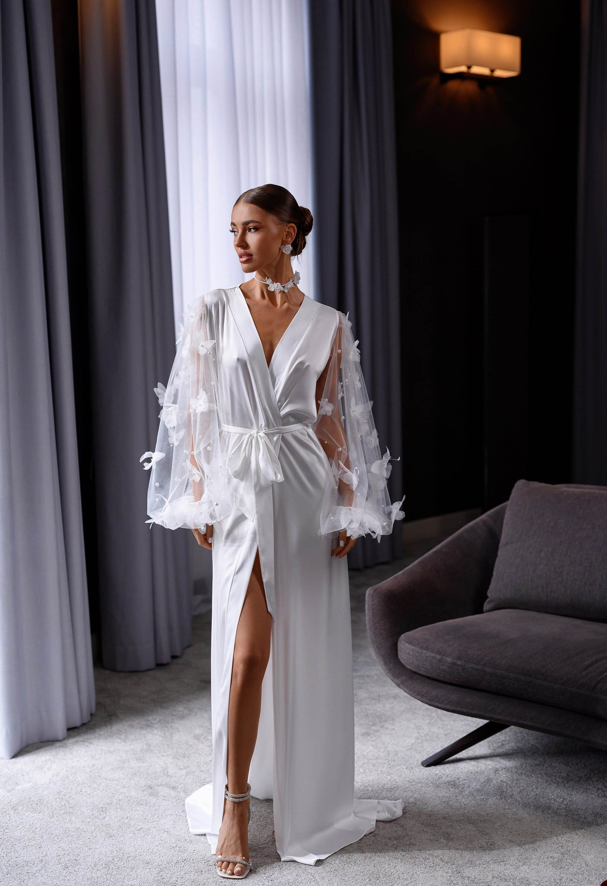 Tulle Silk Dressing Sleepwear Butterfly Pearls Long Robes Photo Shoot Lingerie Belt Bath Robe Nightwear Plus Size Female Bathrobes Dresses