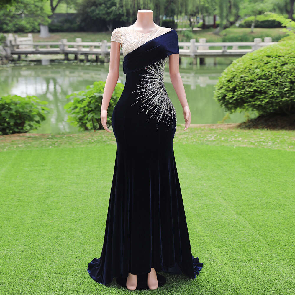 Women Glitter Sequined Beading Evening Dresses Navy Blue Veet Draped Formal Party Prom Gowns Red Velour Mermaid Robe De Soiree