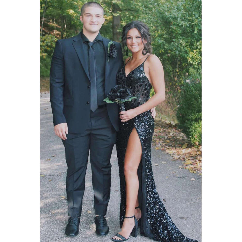 Sequined Rhinestone Mermaid Evening Dresses High Split V Neck Beading Spaghetti Straps Formal Party Prom Gowns Vestidos