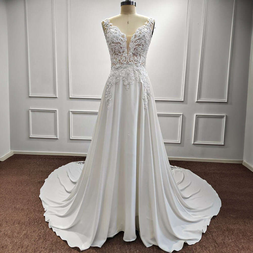 Simple Spaghetti Straps Wedding Dresses For Women Lace V Neck Satin A Line Backless Appliques Bridal Gowns Vestidos De Novia