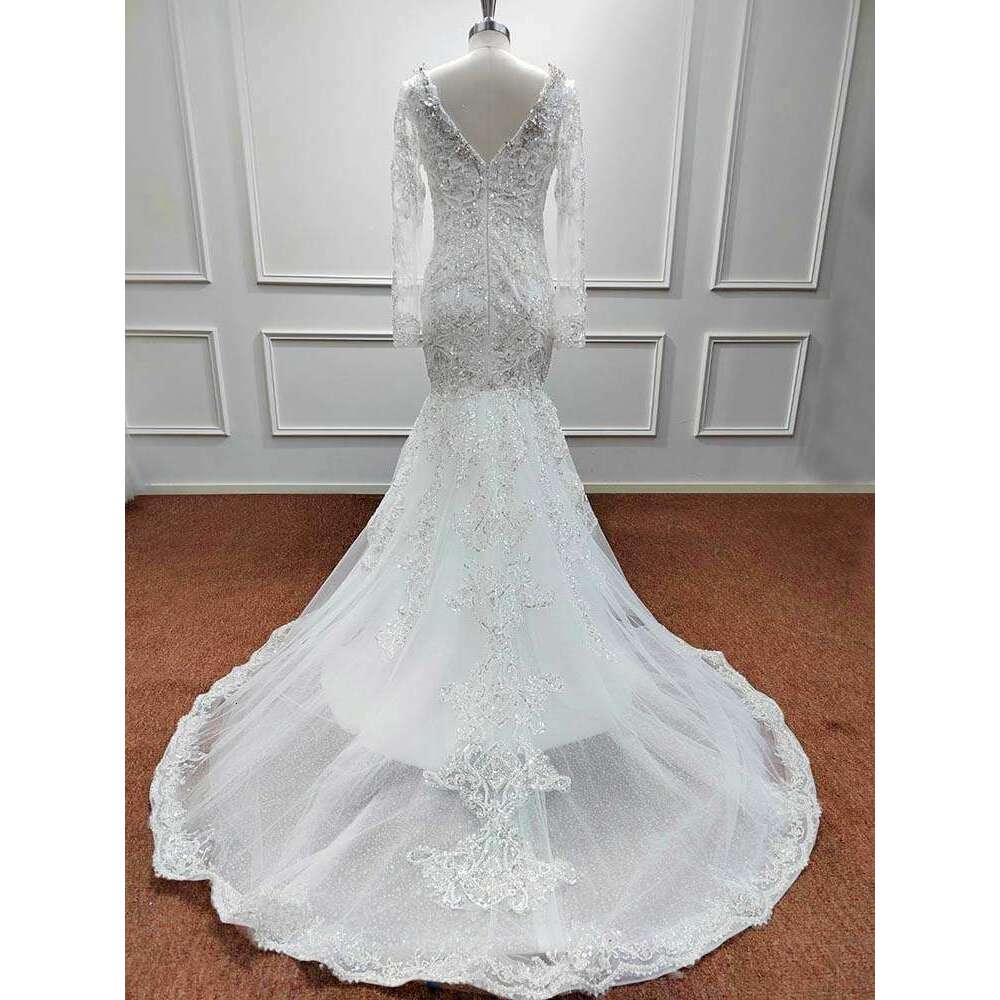 Mermaid Wedding Dresses Beaded Pearls Soft Tulle Sequined Crystal V Neck Bridal Formal Evening Prom Gown Vestido De Novia