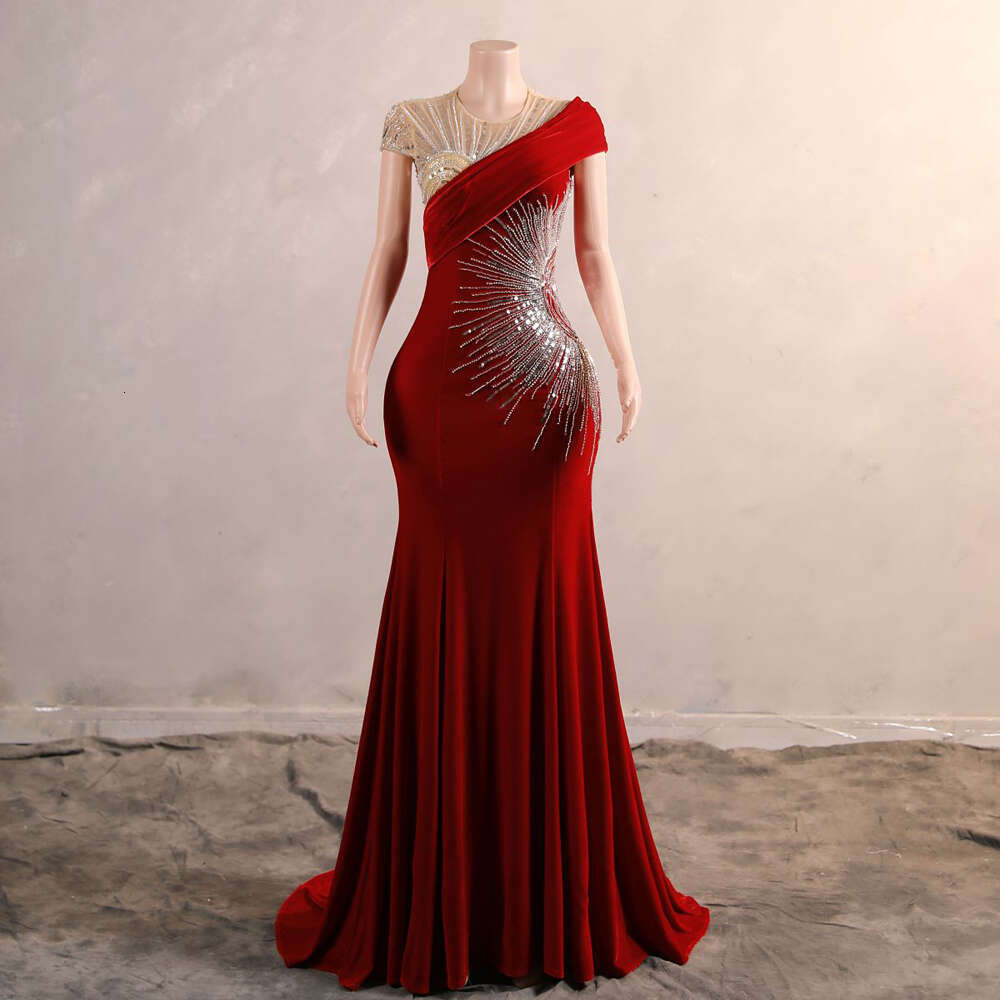 Women Glitter Sequined Beading Evening Dresses Navy Blue Veet Draped Formal Party Prom Gowns Red Velour Mermaid Robe De Soiree