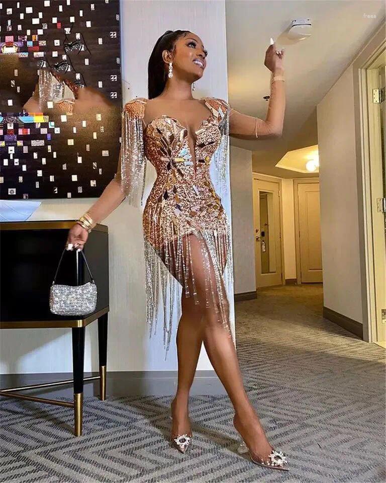 Party Dresses Silver Short Prom 2024 Luxury For Black Girl Beaded Tassel Diamond Birthday Gown Mini Cocktail Homecoming Dress