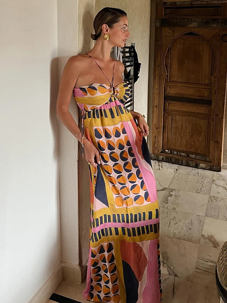 Summer Printed Halter Long Dress Women Sleeveless Backless Lace Up Empire Female Dresses 2024 Holiday Lady Fashion Robes 240716