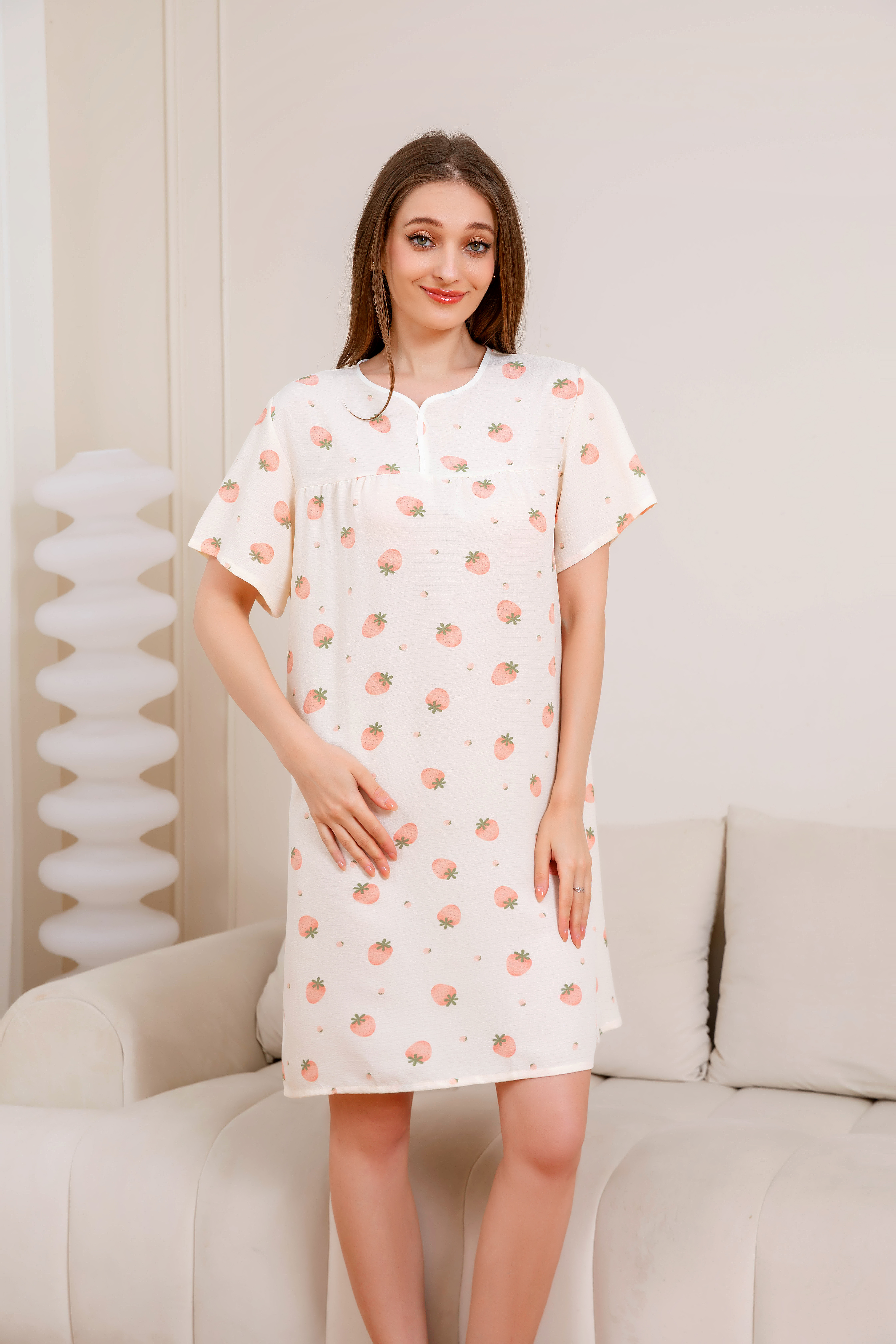 Women's home clothes, pullovers, orange patterned nightgowns, bubble cotton pajamas D12