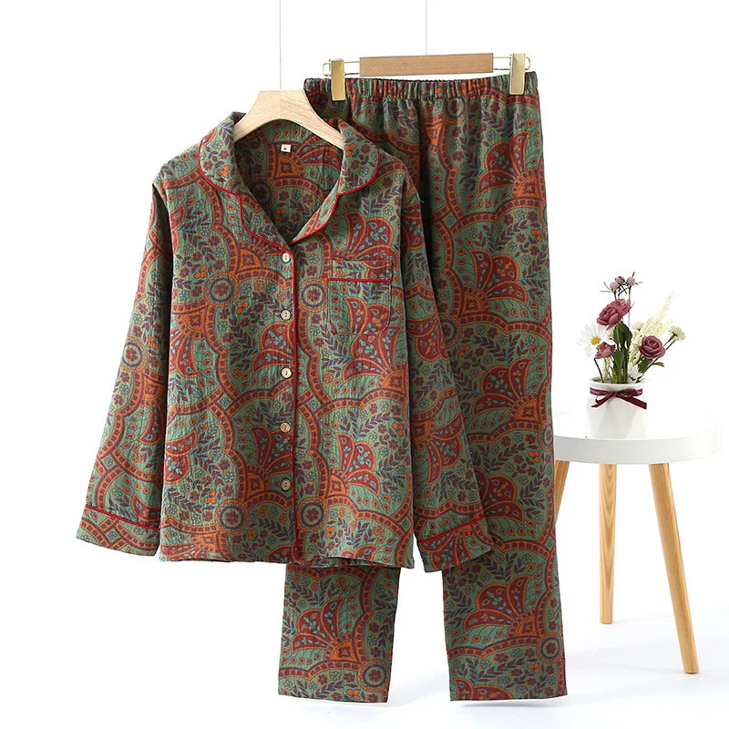 Ethnic Style Print Pajamas For Women 2 Pieces Outfit Loungewear Night Clothes Spring Autumn Long Sleeve Sleepwear Womens Cotton 240712