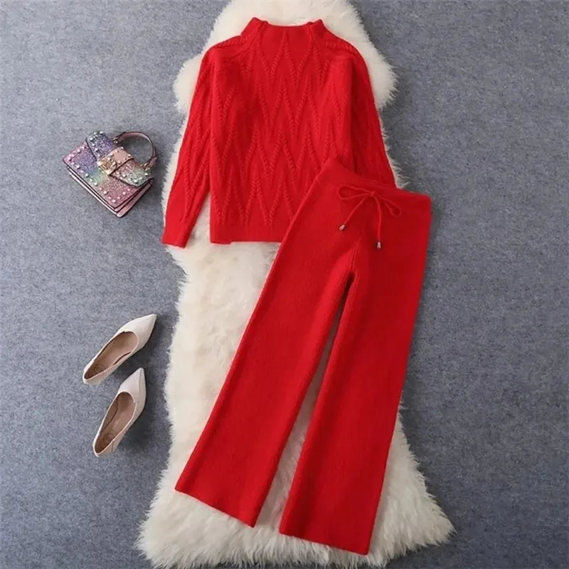 Fall Spring Knit 2 Piece Sets Half Turtleneck Sweater Tops Outfit Knitted Wide Leg Pants Trajes Knitwears Pullovers Tracksuits 240712