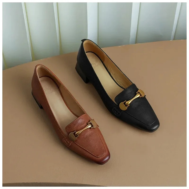 True Soft Leather Single Shoes Women Spring Square Head Middle Heel Thick 240718