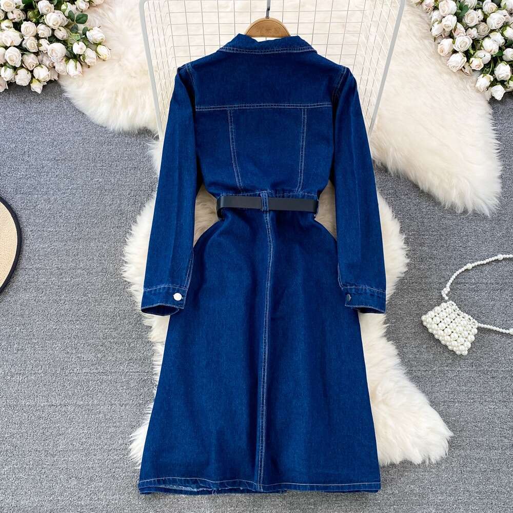 Cowboy Dress Autumn New Hong Kong Style Temperament Lapel Bubble Long Sleeved Waist Cinched A-line Slit Skirt Sexy Pregnant Womens Dress Denim Dress