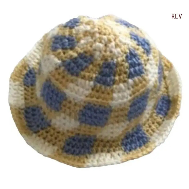 Knit Houndstooth Bucket Hat for Woman Floppy Color Matching Weaving Wide Brim Bucket Hat Teens Autumn Fisherman Hat 240712