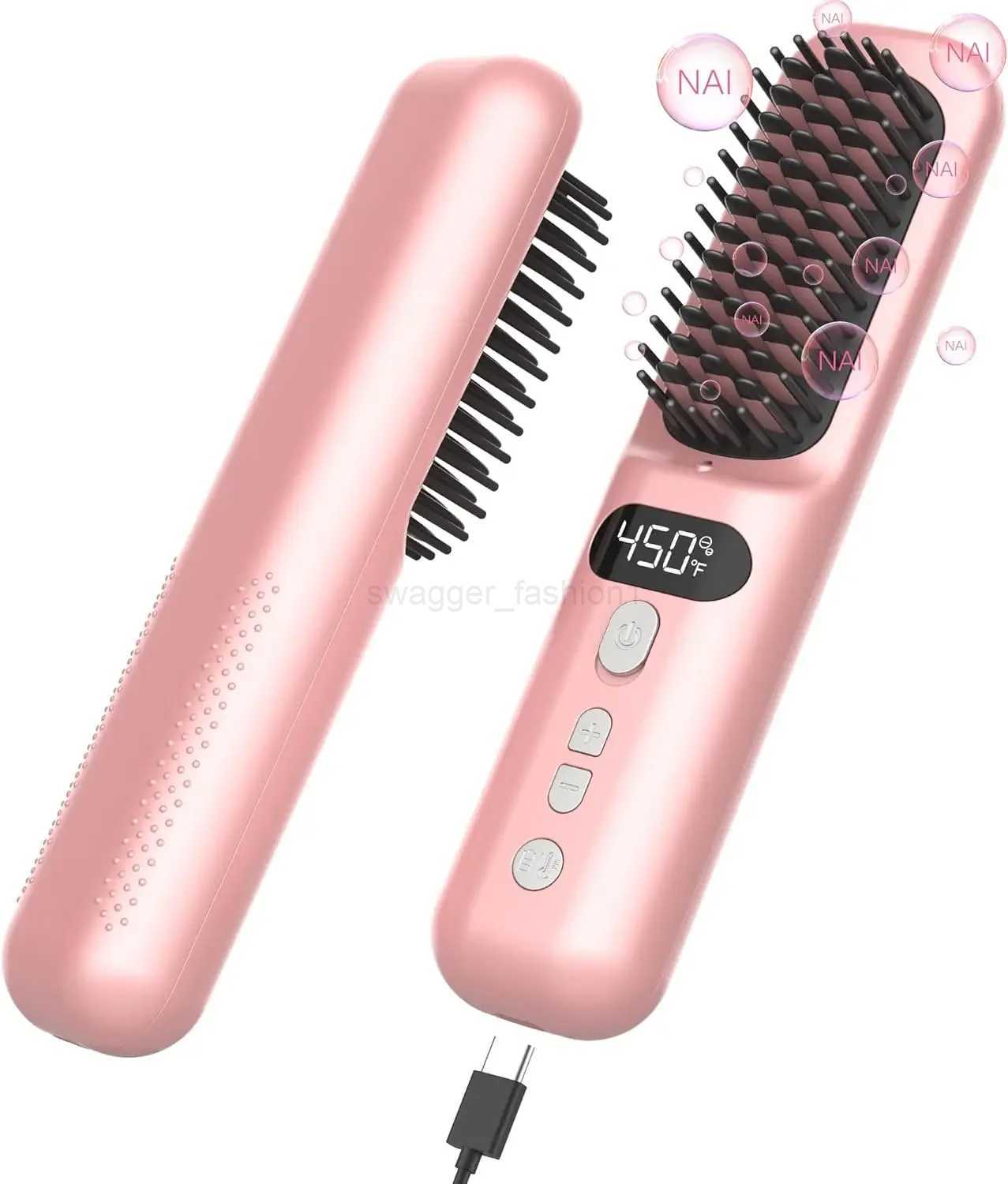 Travel-friendly Ceramic Wireless Hair Straightener Curler Brush - Mini Dual Voltage Straightening Comb with Negative Ions for HoB240719