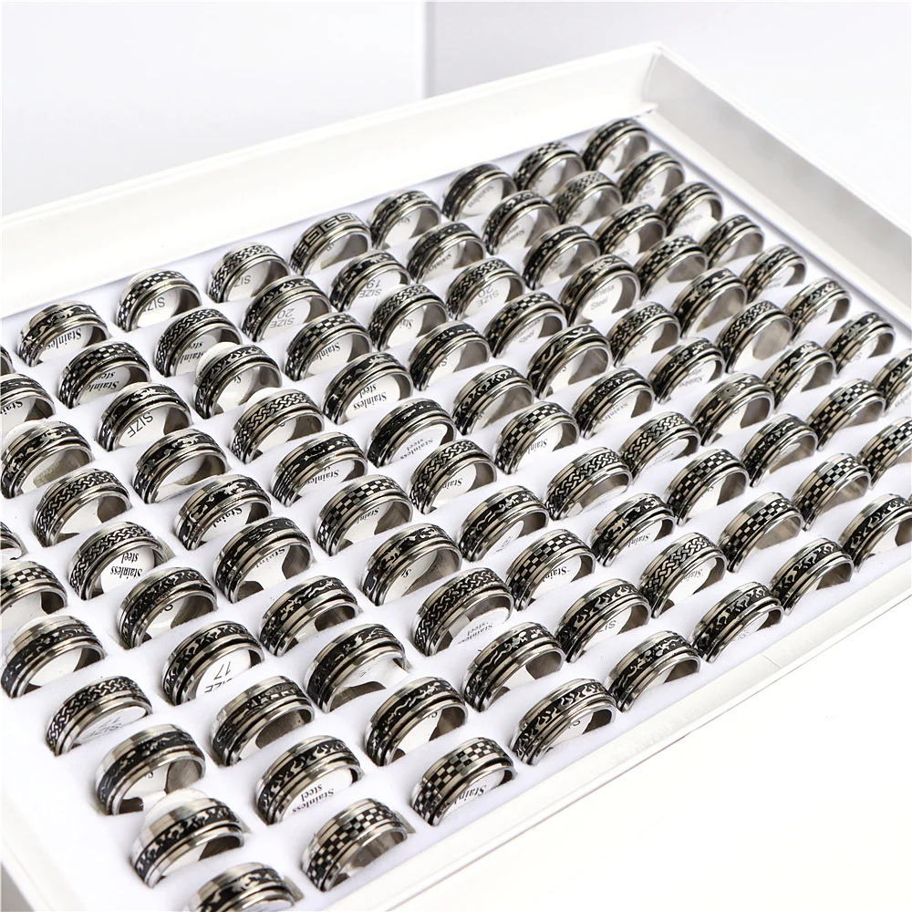 Wholesale 20/30/36/50/100 pieces/batch fashionable black drip oil stainless steel rotating ring jewelry 240710