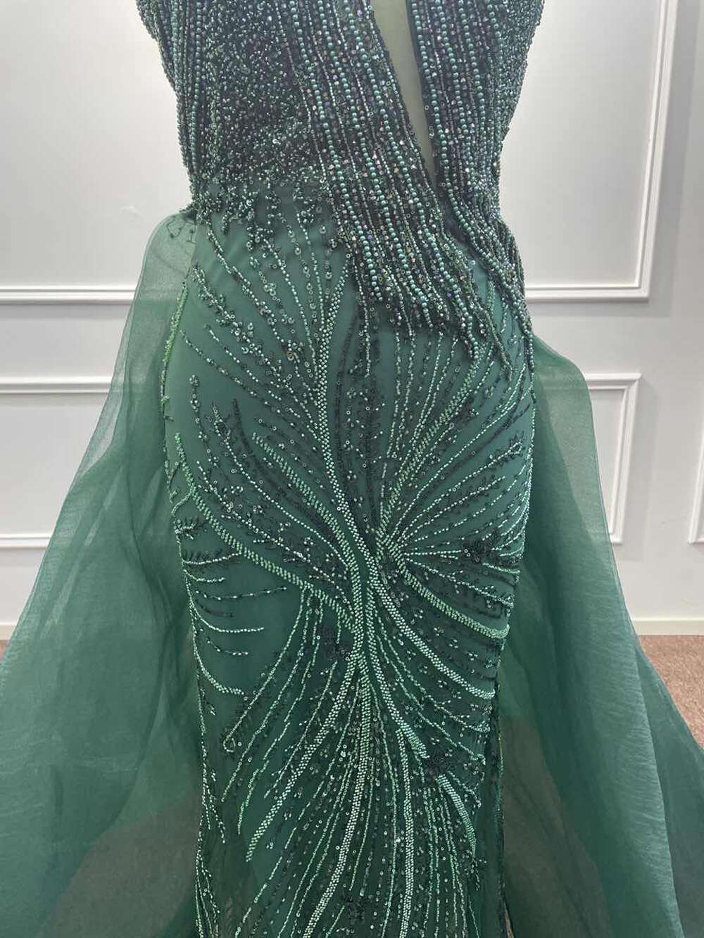 Beading Pearls Tulle Evening Dresses One Shoulder Sequined Dark Green Mermaid Arabic Formal Party Prom Gowns Vestidos