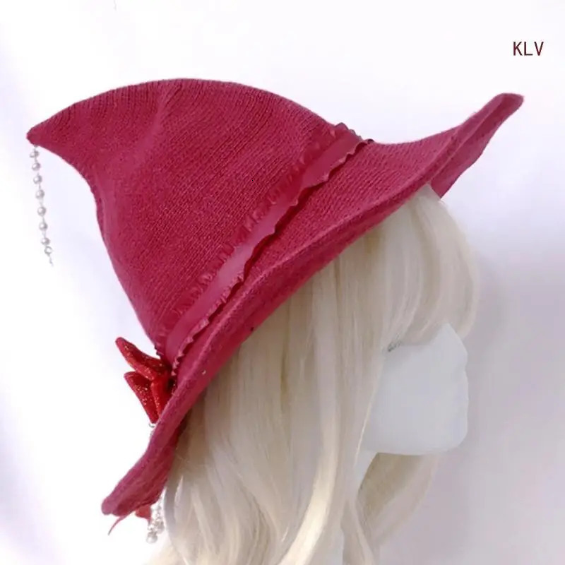 Halloween Witch Cap Wizard Hat Punk Knit Bowknot Hat Costume Headwear Lady Festival Headdress 240712