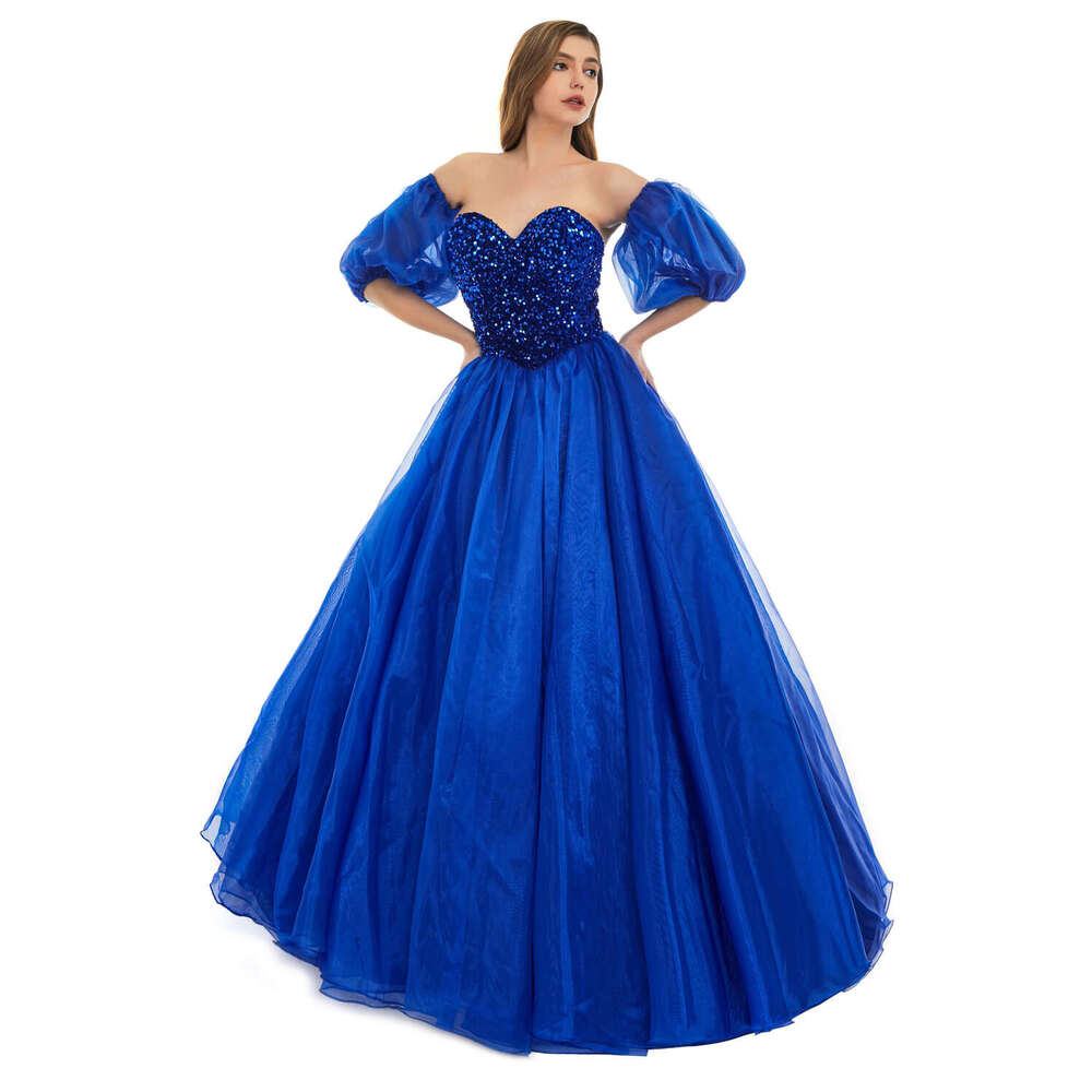 Sparkly Sequined Evening Dresses Royal Blue Tulle Puffy Sleeves Sweetheart Formal Party Prom Ball Gowns Lace Up Robe De Soiree