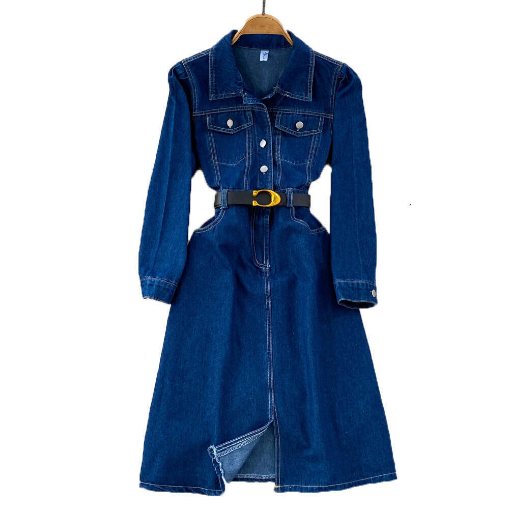 Cowboy Dress Autumn New Hong Kong Style Temperament Lapel Bubble Long Sleeved Waist Cinched A-line Slit Skirt Sexy Pregnant Womens Dress Denim Dress