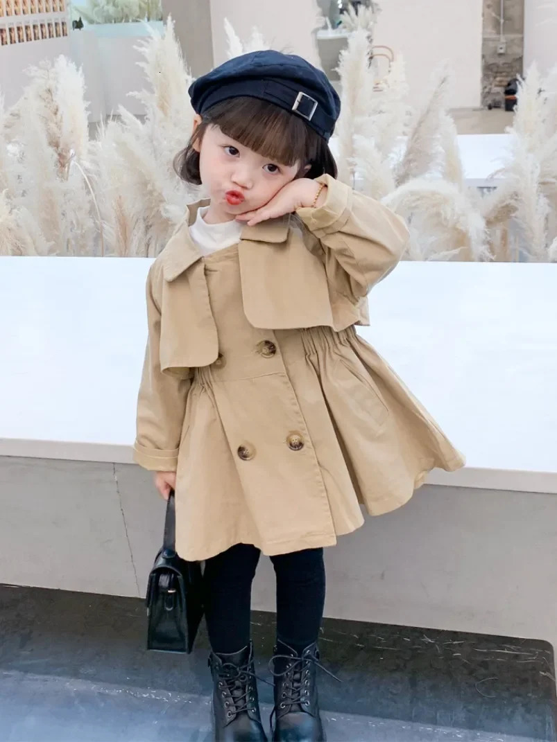 Spring Autumn Cotton Girl Toddler Trench kids Windbreaker Fashion Little Girl Double Breasted Jacket Outfits England Style 240711
