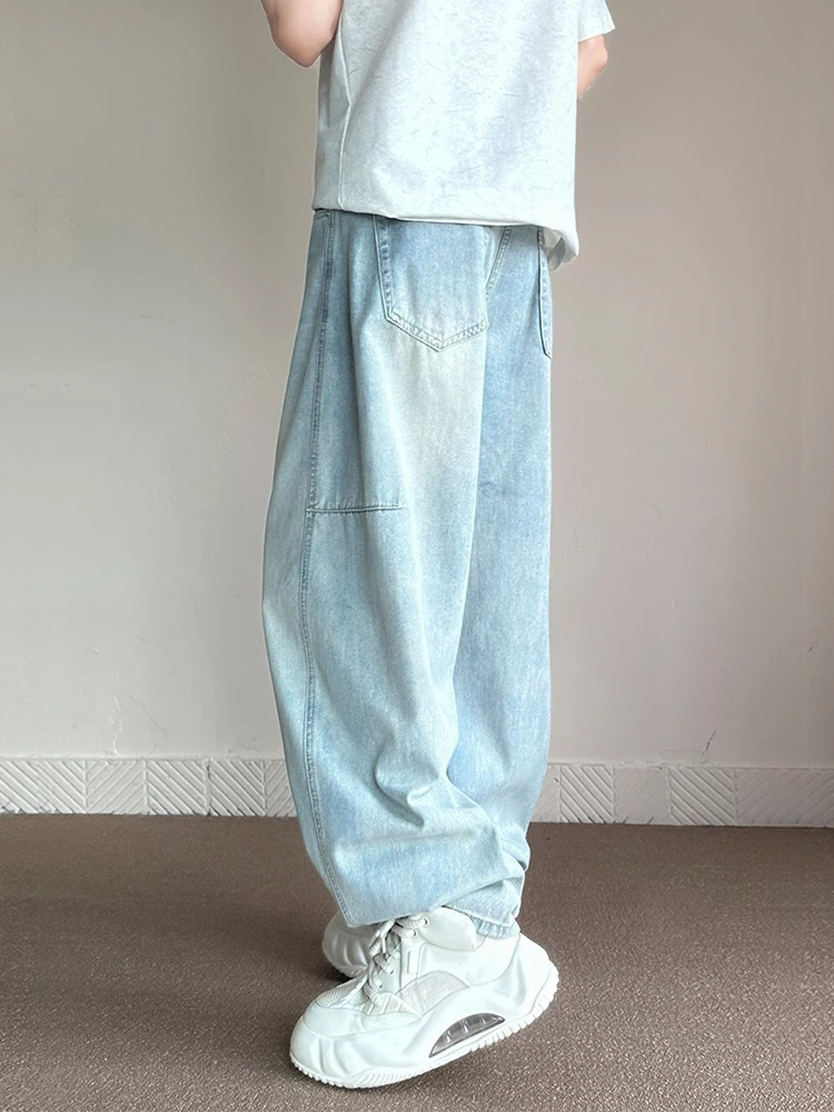Korean Fashion Mens Baggy Jeans Light Blue High Street Straight Wide Trousers Personalized Washed Y2k Pants Male 240712