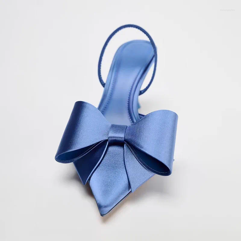 Dress Shoes TRAF French Retro Blue Bow High Heels Point Head Stilettos Sgbacks For Woman Women Elegant Satin Fabric Sandals