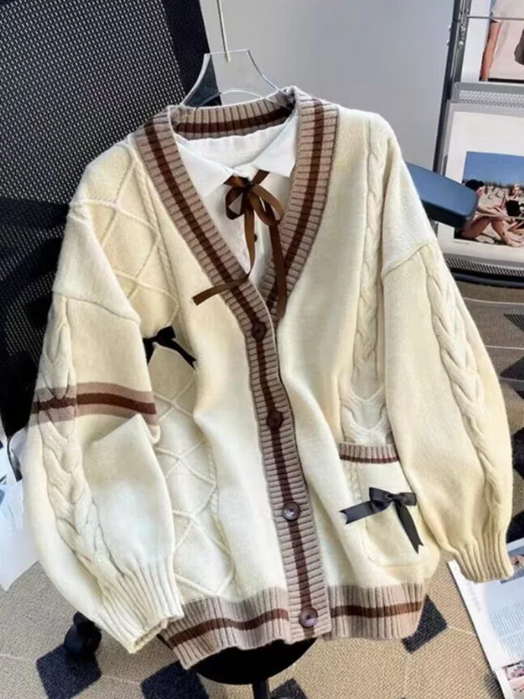 Sweet Bow Knitted Cardigans Y2k Aesthetic All Match Contrast Color Coats Fashion Single Breasted Women Kawaii JK Sweaters Jumper 240712