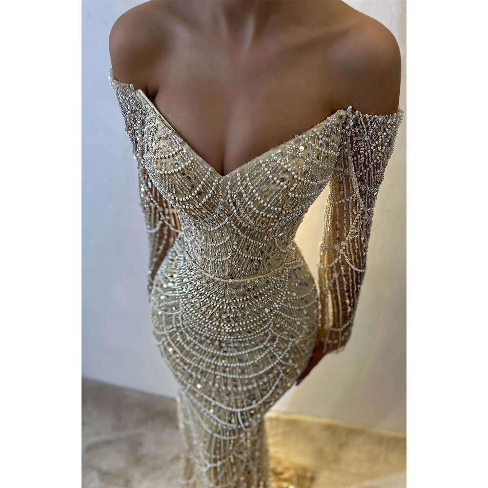 White Strapless Mermaid Evening Dresses Sequined Beaded Elegant Pearl Sexy Long Formal Prom Party Gowns Vestido De Fiesta