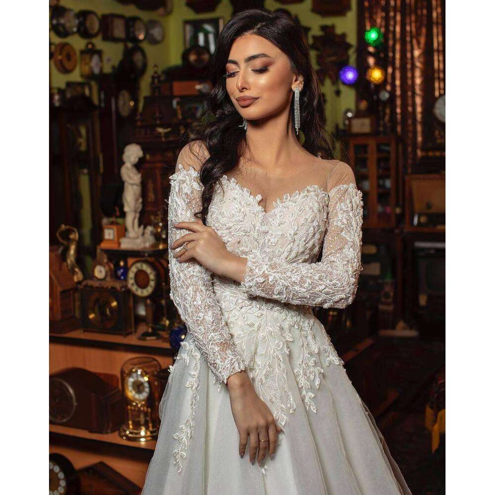 Elegant Wedding Dresses Appliques Lace Long Sleeves Princess Bridal Gowns A Line Custom Made Vestidos De Novia 0719