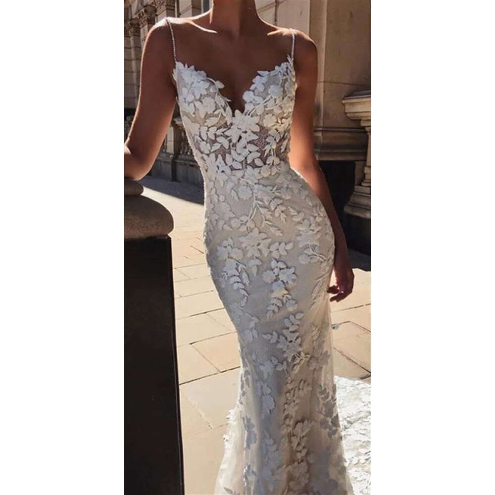 Casual Vintage Wedding Dresses For Women Mermaid Summer Sexy Backless V Neck Lace Spaghetti Straps Bridal Gowns Vestido De Novia