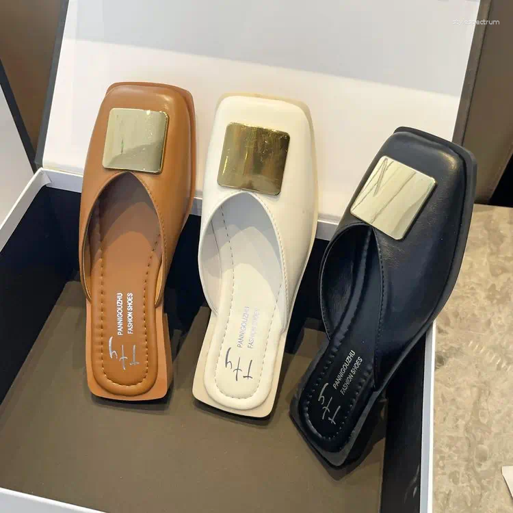 Slippers Brand Designer Women Fashion Metal Buckle Mules Flat Heels Square Toe Shallow Shoes Outdoor Slide Female Casual Sandal