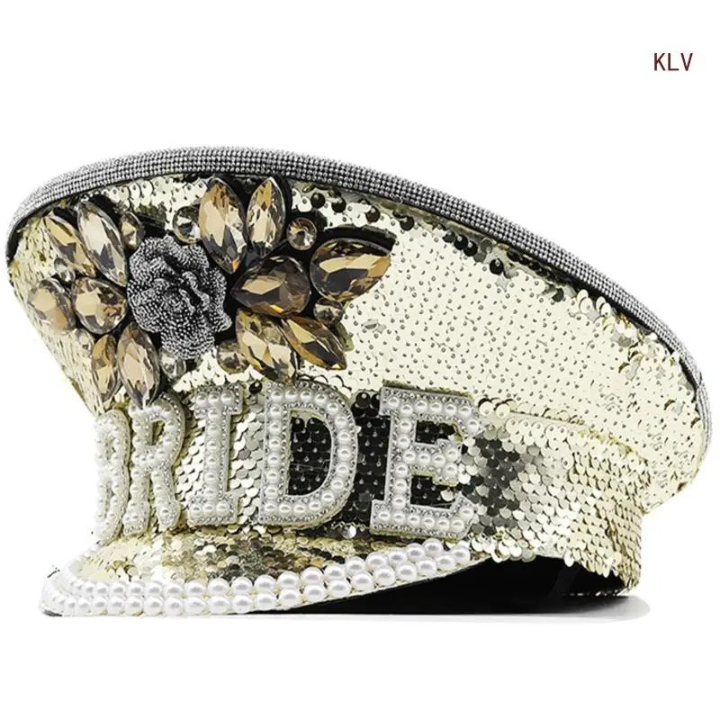 Hand Beaded Sequins Captain Hat Shimmering Crystal Hat for Bride Wedding Props Encrusted Layers Pearls Bride Costume 6XDA 240712
