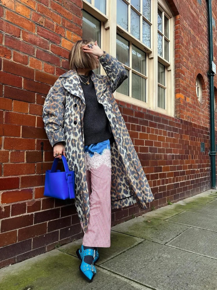 Chic Vintage Leopard Print Lapel Long Jacket Elegant Women Full Sleeves Single Breasted Coat Spring Female Street Overcoat 240712
