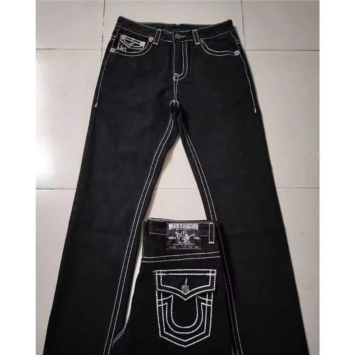 Retro religious large size white thick line jeans American mens and womens loose straight casual y2k trousers cargo pants 240709