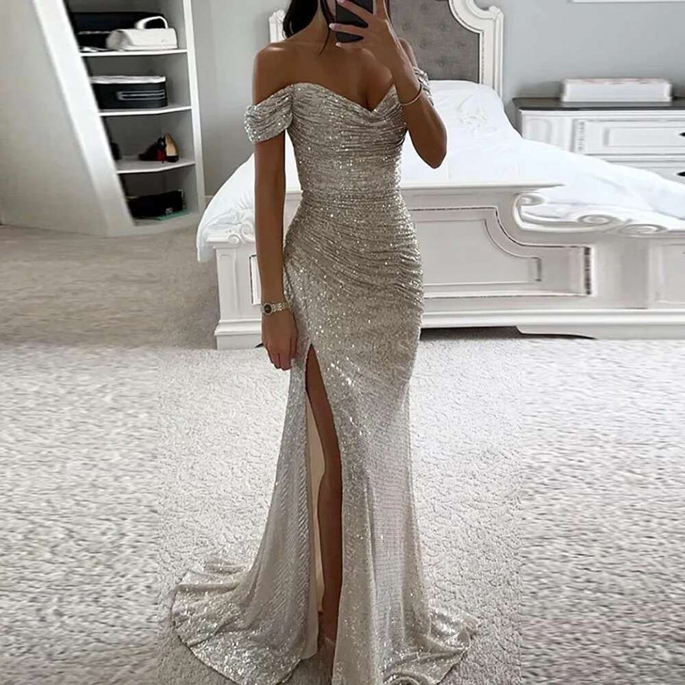 Sequined Mermaid Bury Evening Dresses Shiny Sexy High Split Off Shoulder Sweetheart Prom Formal Party Gown Vestido De Fiesta
