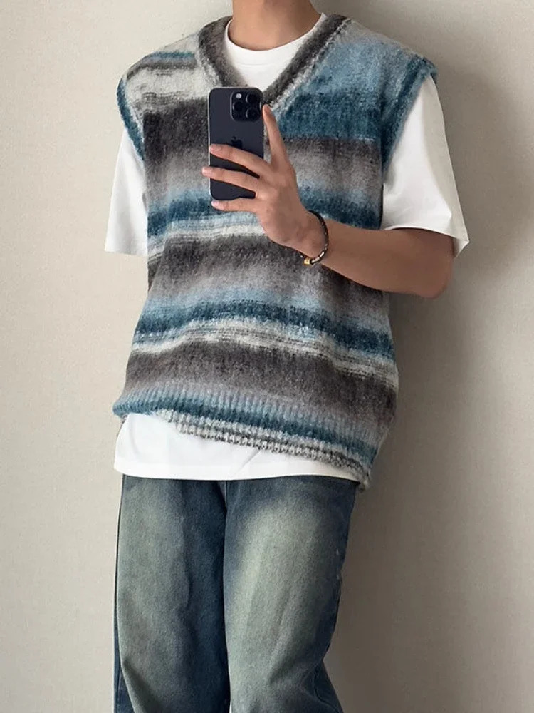 Man Clothes Tie Dye Vest Fleeced Knitted Sweaters for Men Striped Waistcoat Green Sleeveless V Neck Thick Winter Aesthetic Meme 240712