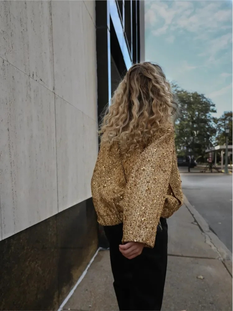 Chic Golden Sequin Zipper Jacket For Women Fashion Loose Round Neck Long Sleeved Coats Spring Female Party Club Shiny Outerwear 240715