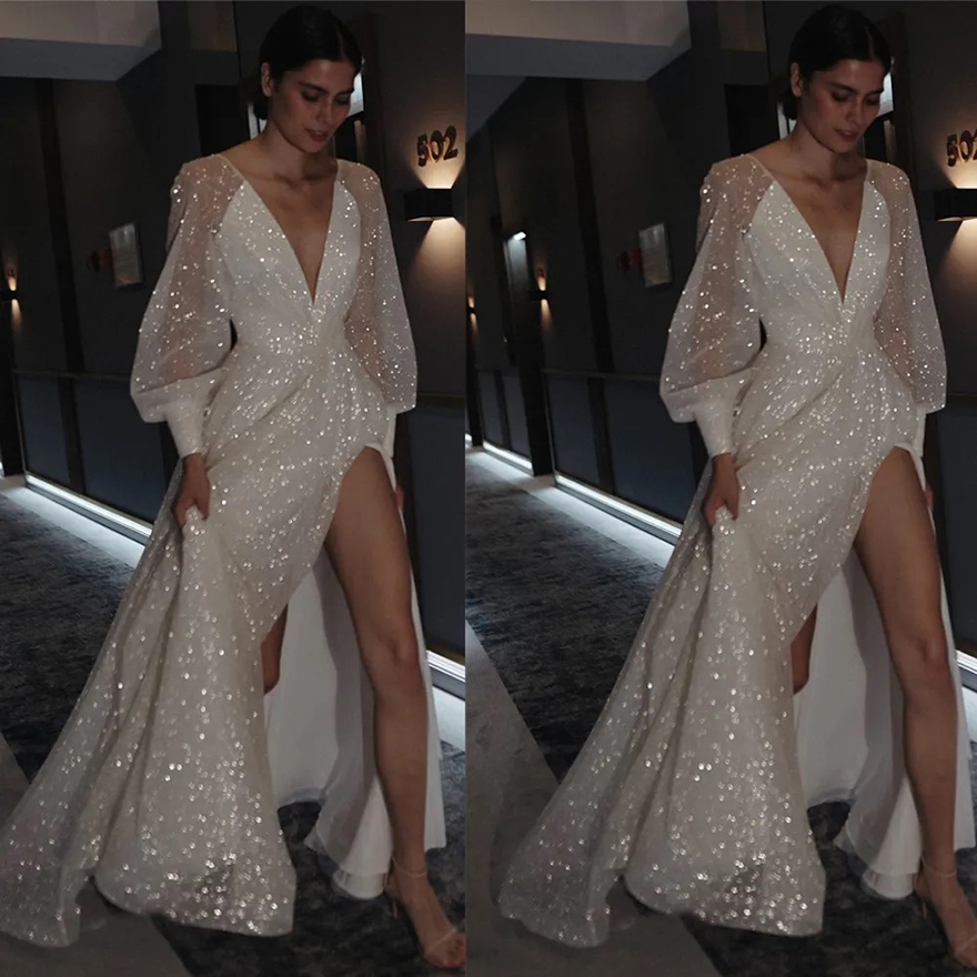 Shiny Glittler Bohemian A e Wedding Dresses Deep V Neck Long Sleeve Bridal Gown High Side Split Beach Vestidos De Mariage