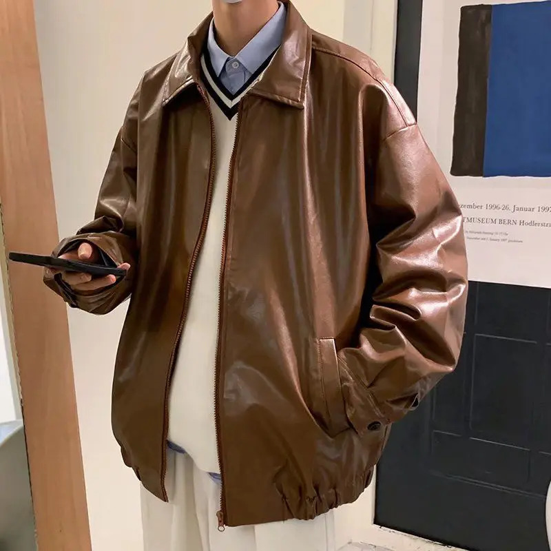 Pu Leather Jacket Men Brown Retro Motorcycle Jacket Autumn Korean Fashion Fried Street Loose Zipper Bomber Jacket Learher Coats 240715
