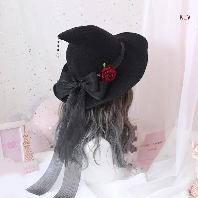 Halloween Witch Cap Wizard Hat Punk Bowknot Rose Hat Costume Headwear Lady Festival Headdress 240712