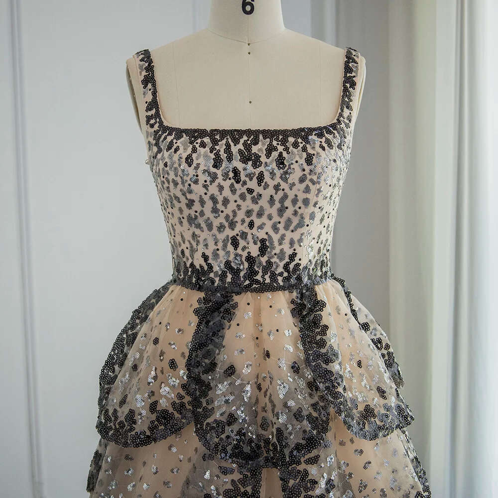 Sparkly Sequined Tiered Ruffles Evening Dresses Mermaid Arabia Square Collar Formal Party Prom Gowns Vestido De Fiesta