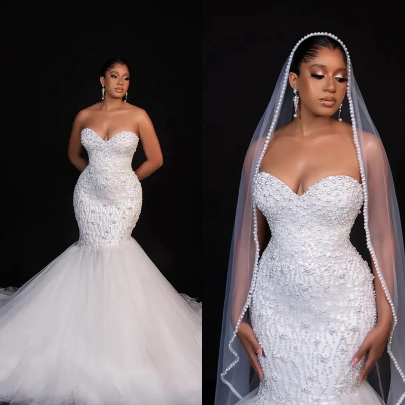 Pearls Beaded Mermaid Wedding Dresses Sweetheart Neck Sleeveless Long Tulle Bridal Gowns Lace-Up Back Chic Bride Formal Robe De Mariee