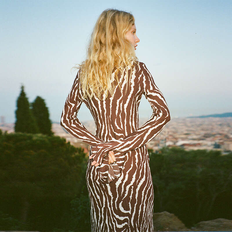 Summer New Zebra Animal Pattern Printed Silk Long Sleeve Dress with Vacation Style Self Cultivation Waist Novelty Short Sexy Lace Dress Denim Dress De