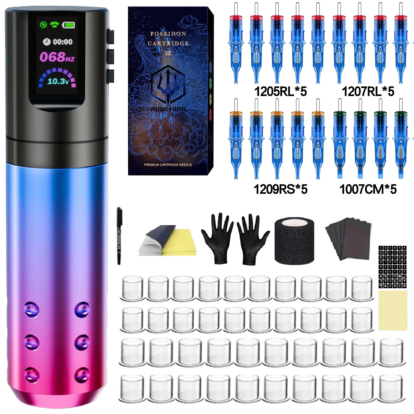Tattoo Kit POSEIDON Gradient Color Tattoo Gun Kit For Permanent Makeup Tattoo Machine Kit Wireless Tattoo Power Supply Tattoo Ki 240715