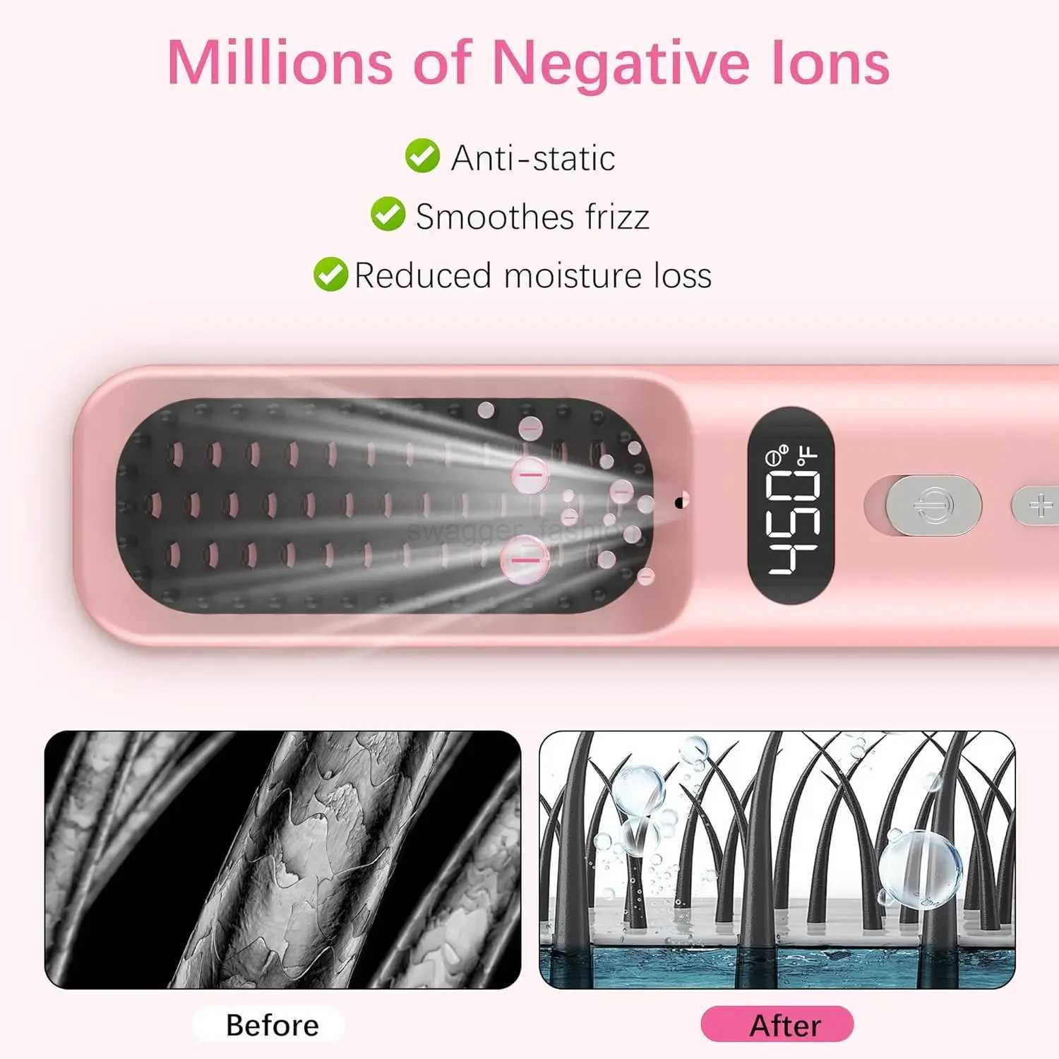 Travel-friendly Ceramic Wireless Hair Straightener Curler Brush - Mini Dual Voltage Straightening Comb with Negative Ions for HoB240719