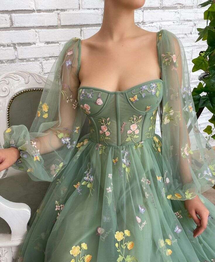 2 Styles Women's Puffy Sleeve Prom Dresses Fair Flower Embroidery Tulle Tea Length Lace Formal Evening Party Bridesmaid Gowns